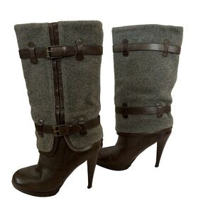 Cole Haan Stiletto Heel Boots Women's 6.5B Brown Leather Gray Wool